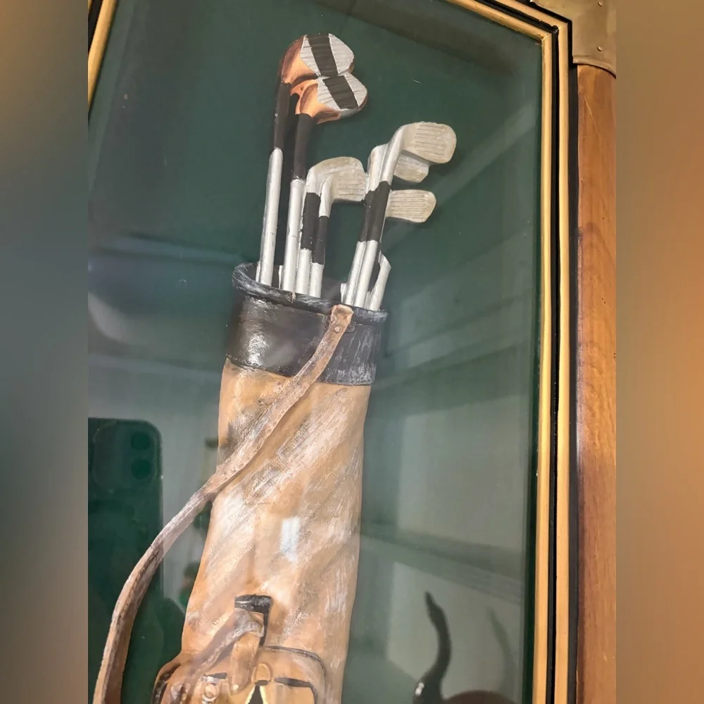 Vintage 1950s 3D Golf Shadow Box Wall Display in Wood & Brass Frame